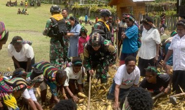 Satgas Mobile Raider 300 Siliwangi Ramaikan Acara Bakar Batu Bersama Masyarakat Kab. Puncak Papua