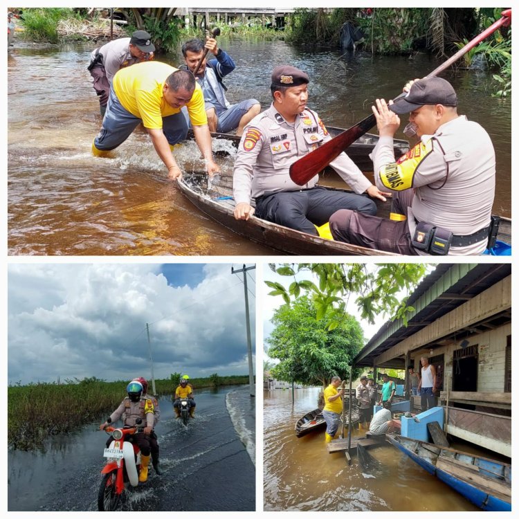 Tempuh Air Banjir, Personel Polsek Rantau Kopar Lakukan Patroli dan Sosialisasikan Pemilu Damai