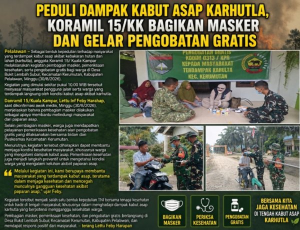 TNI Peduli Rakyat, Koramil 15/Kuala Kampar Bagikan Masker Dan Berobat Gratis Dampak Kabut Asap