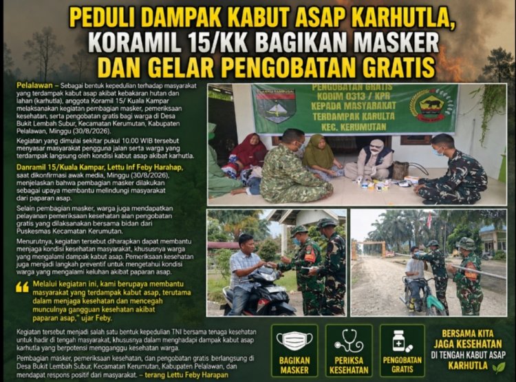 TNI Peduli Rakyat, Koramil 15/Kuala Kampar Bagikan Masker Dan Berobat Gratis Dampak Kabut Asap